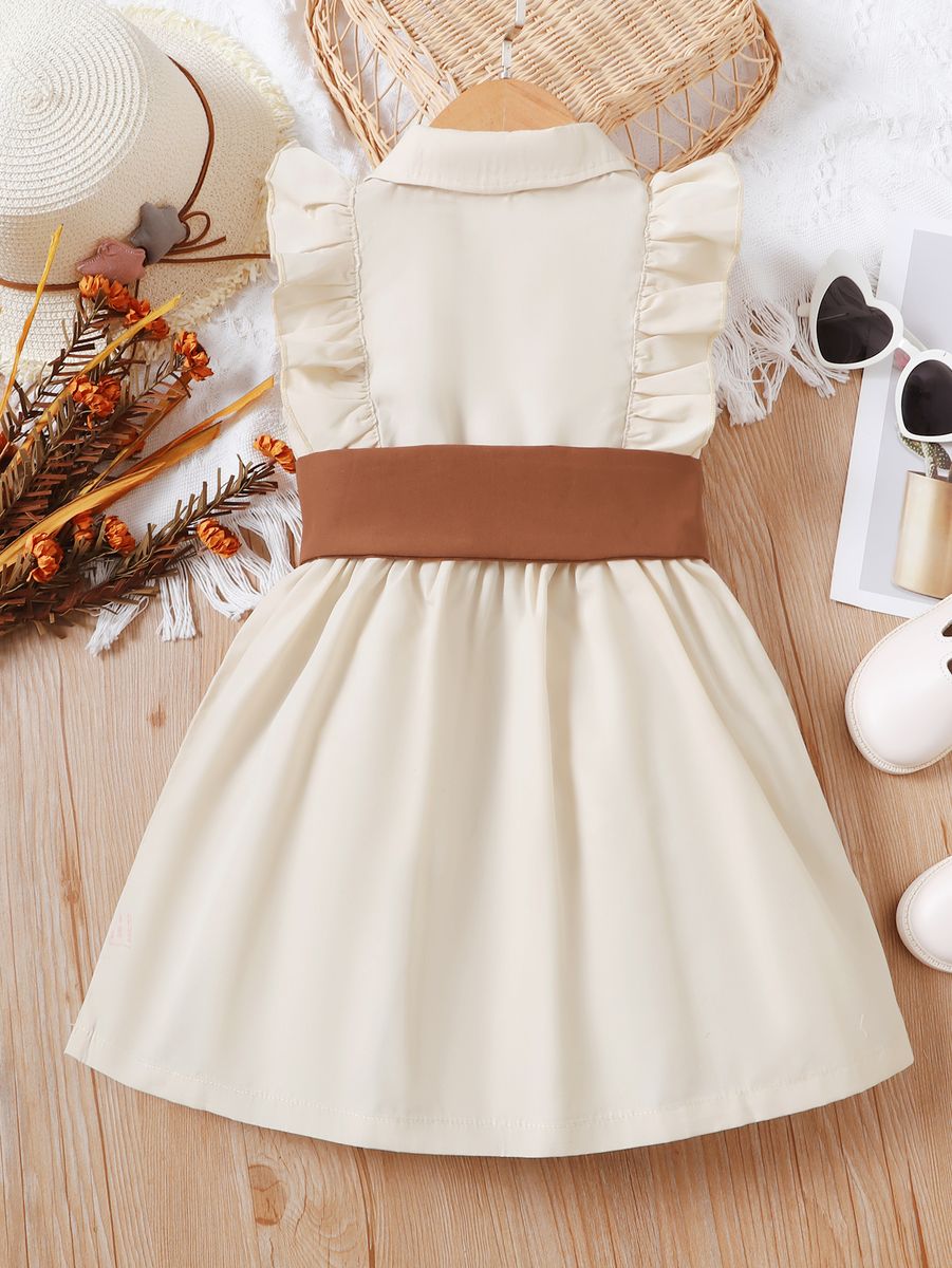 4-7 Years Kid Girl Dress/Polo Collar Brown Belt Ruffle Sleeveless Dress