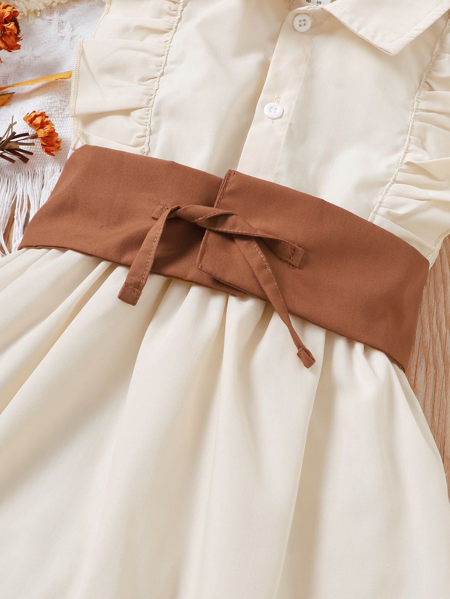 4-7 Years Kid Girl Dress/Polo Collar Brown Belt Ruffle Sleeveless Dress