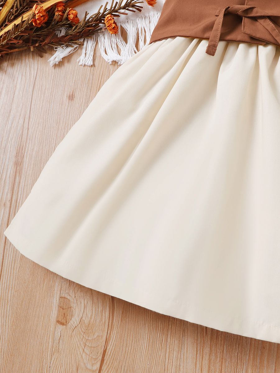 4-7 Years Kid Girl Dress/Polo Collar Brown Belt Ruffle Sleeveless Dress