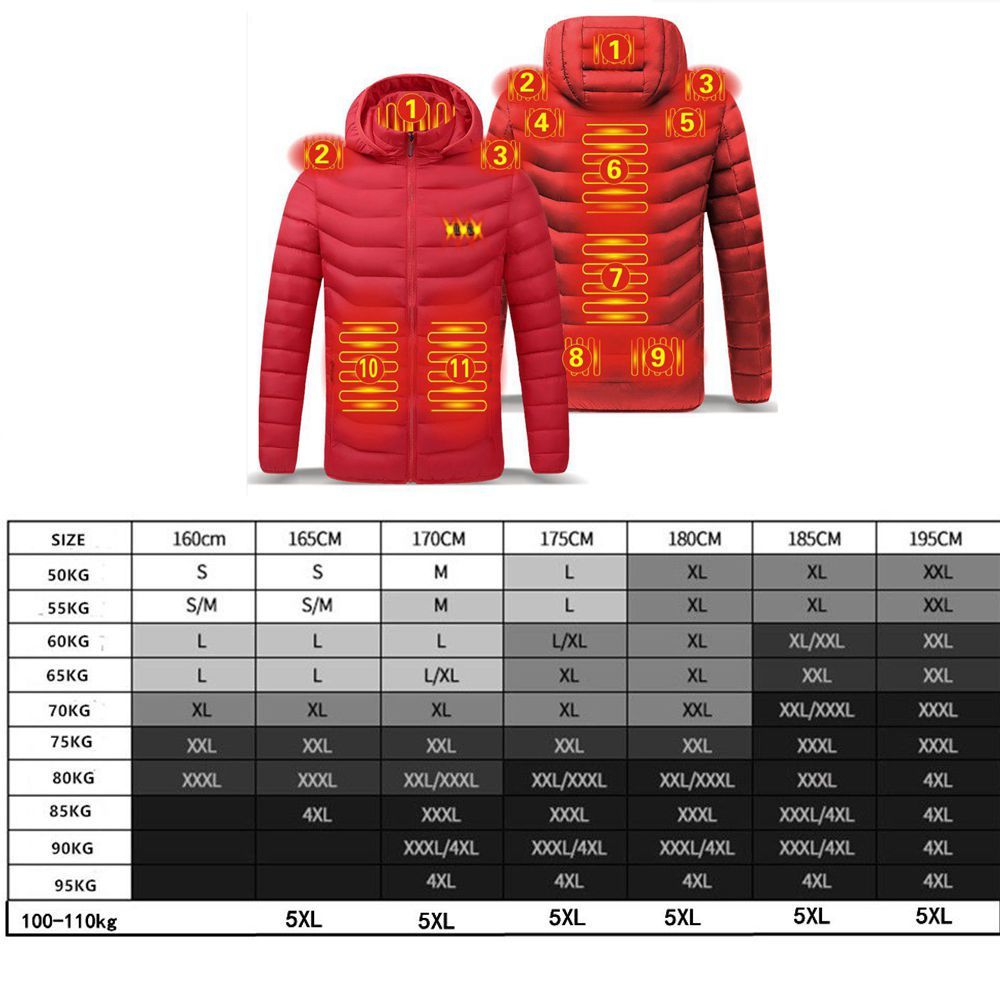 Winter Warm USB Heating Jackets Smart Thermostat Pure Color Hooded - Red