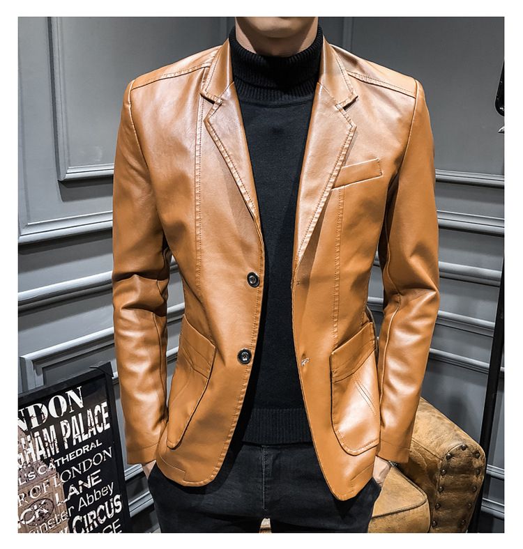 Men's Leather Coat Korean Slim Fit Leather Jackets PU Leather Small Suit