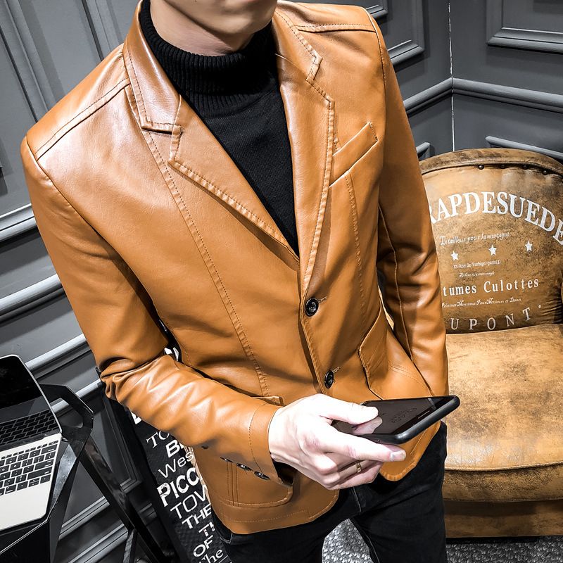 Men's Leather Coat Korean Slim Fit Leather Jackets PU Leather Small Suit