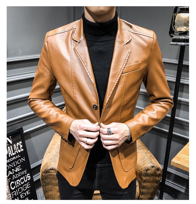 Men's Leather Coat Korean Slim Fit Leather Jackets PU Leather Small Suit