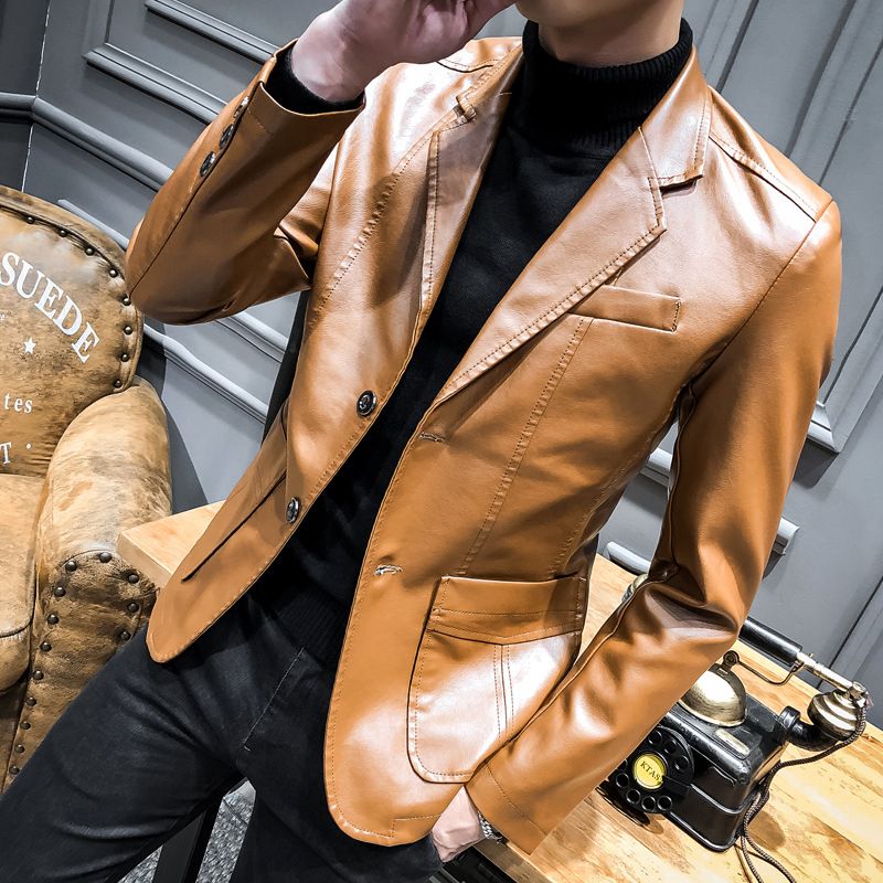 Men's Leather Coat Korean Slim Fit Leather Jackets PU Leather Small Suit