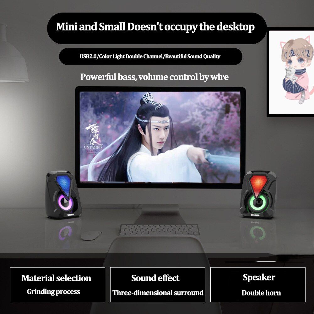 USB Wired Computer Speakers BStereo Subwoofer Colorful LED Light For Laptop Smartphones MP3 Player