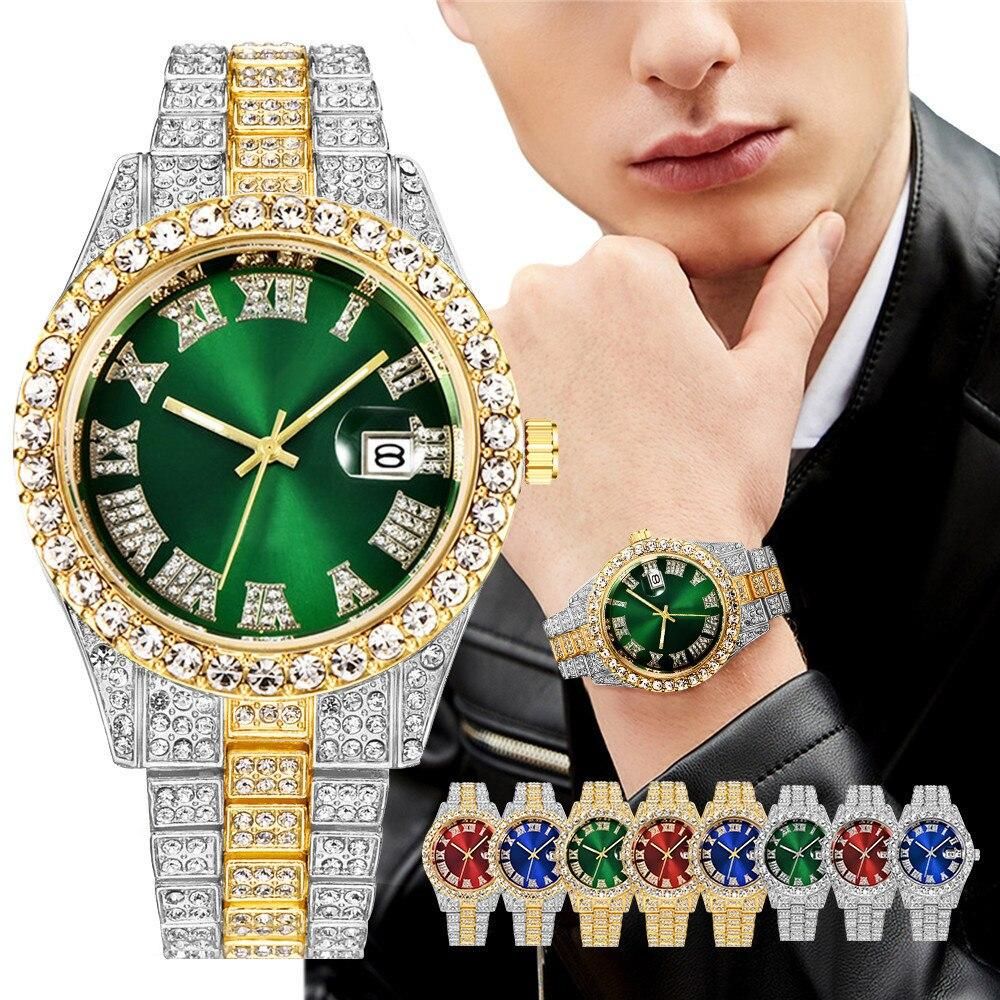 2022 Fashion Luxury Watches Men Classic Business Roman Numerals Pave Zircon Quartz Watches For Men Present