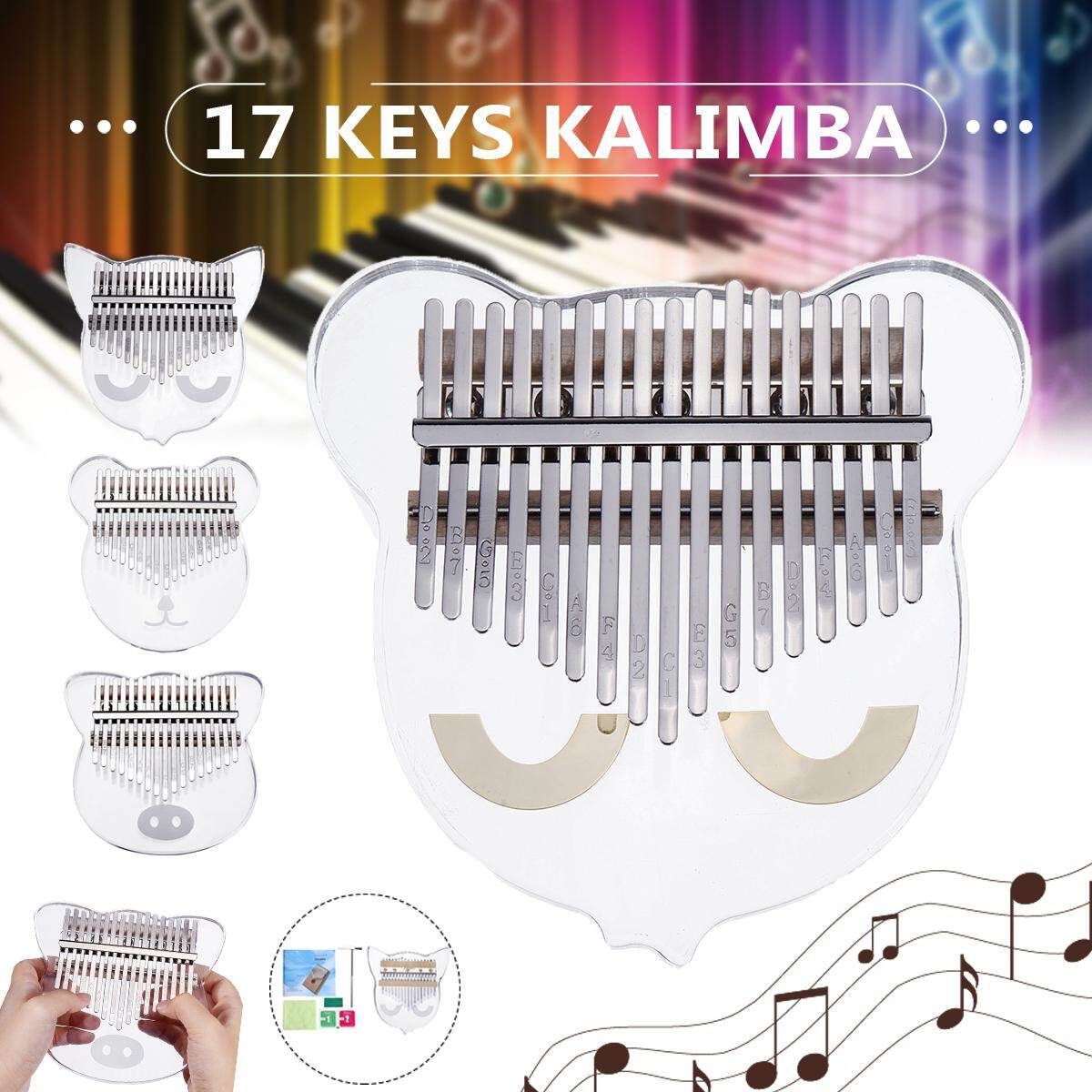 17-Key Transparent Thumb Piano Acrylic Material Cute Cat-Shaped With Carry Bag Note Stickers Cleaning Cloth White