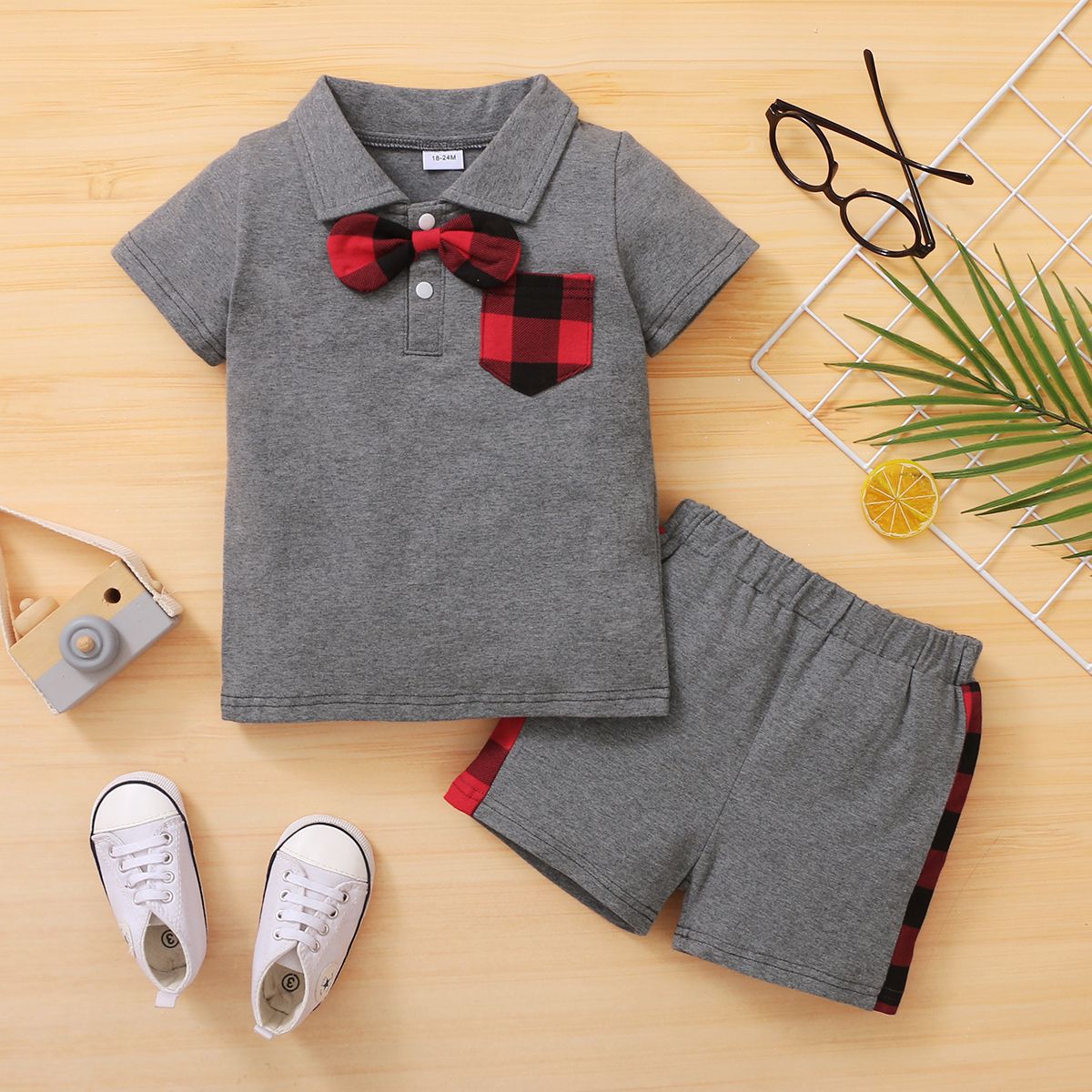 1-6Y Kid Boys Outfit Set Short Sleeves Red Plaid POLO Shirt+ Shorts Pants