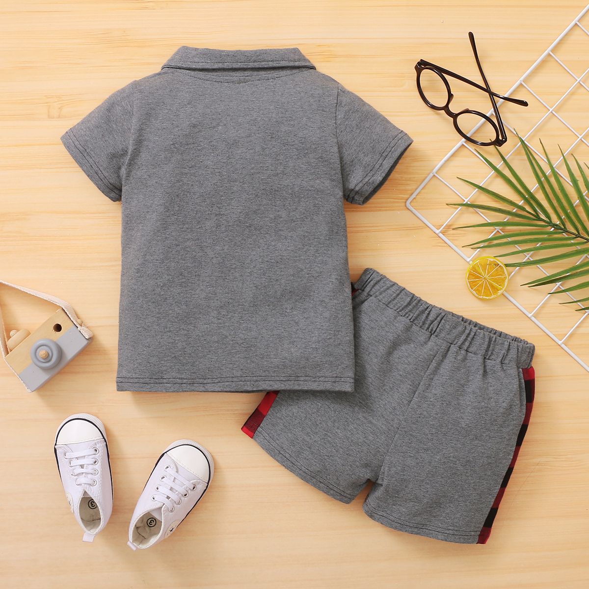 1-6Y Kid Boys Outfit Set Short Sleeves Red Plaid POLO Shirt+ Shorts Pants