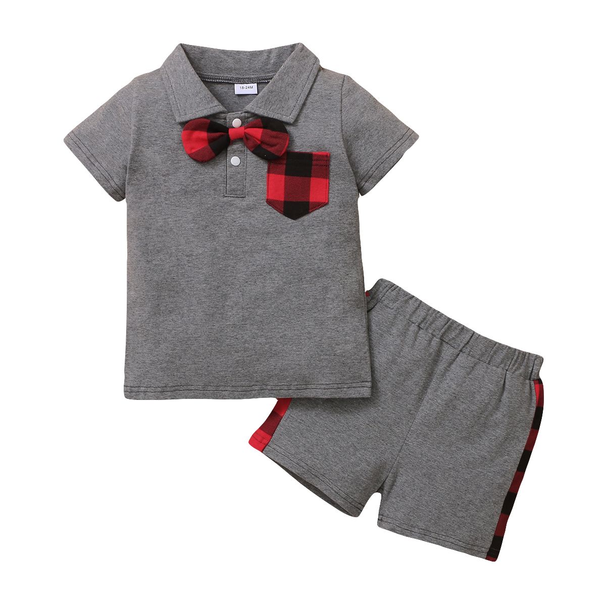 1-6Y Kid Boys Outfit Set Short Sleeves Red Plaid POLO Shirt+ Shorts Pants
