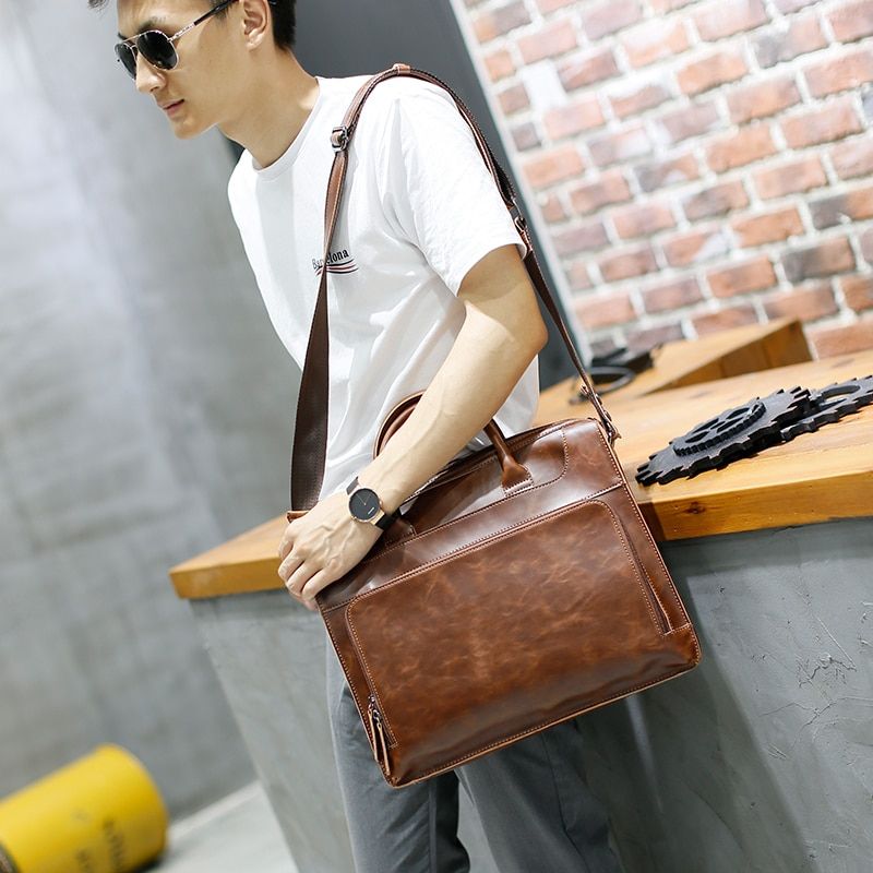 Brand Men's Briefcase Handbag Crazy Horse Pu Leather Messenger Travel Bag Business Men Tote Bags Man Casual Crossbody Briefcases