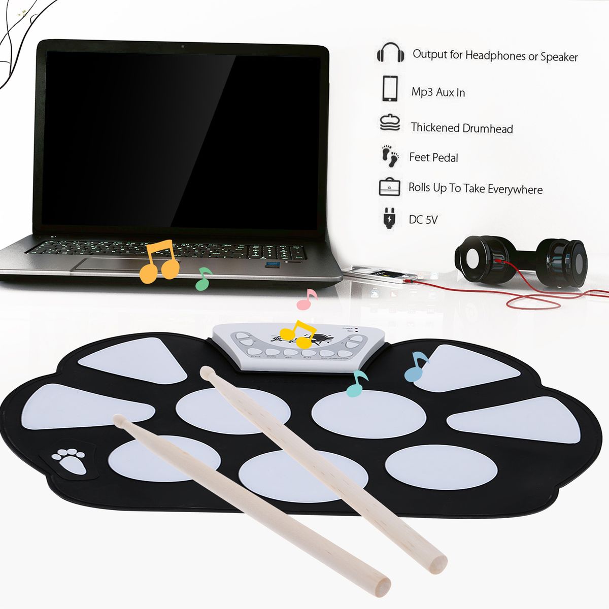Portable Electronic Drum Pad Kit Silicon Foldable With Stick