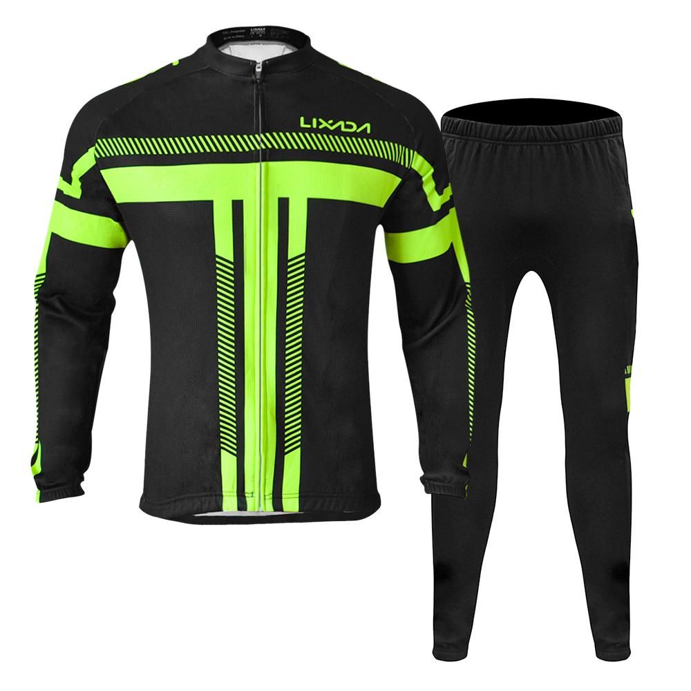 Lixada Men's Winter Long Sleeve Cycling Jersey Set Thermal Fleece Cycling Clothing Windproof Cycling Jacket Coat 3D Padded Pants Trousers