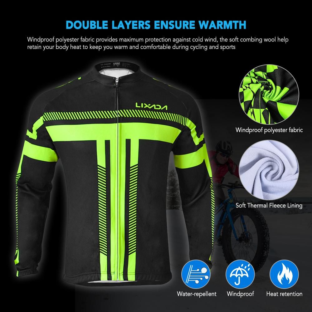 Lixada Men's Winter Long Sleeve Cycling Jersey Set Thermal Fleece Cycling Clothing Windproof Cycling Jacket Coat 3D Padded Pants Trousers
