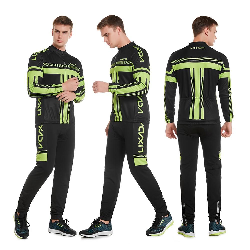 Lixada Men's Winter Long Sleeve Cycling Jersey Set Thermal Fleece Cycling Clothing Windproof Cycling Jacket Coat 3D Padded Pants Trousers