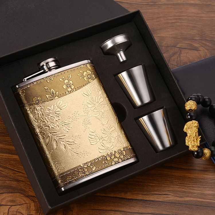 Hip Flask Set 8OZ Yellow Floral Pattern Core