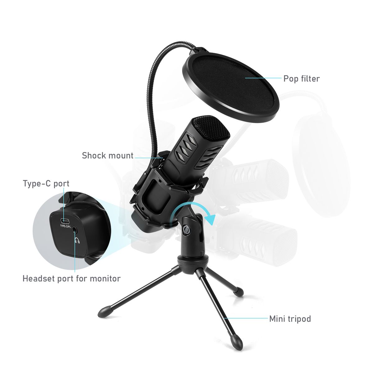 USB Microphone Cardioid Condenser Mic With Tripod Stand Pop