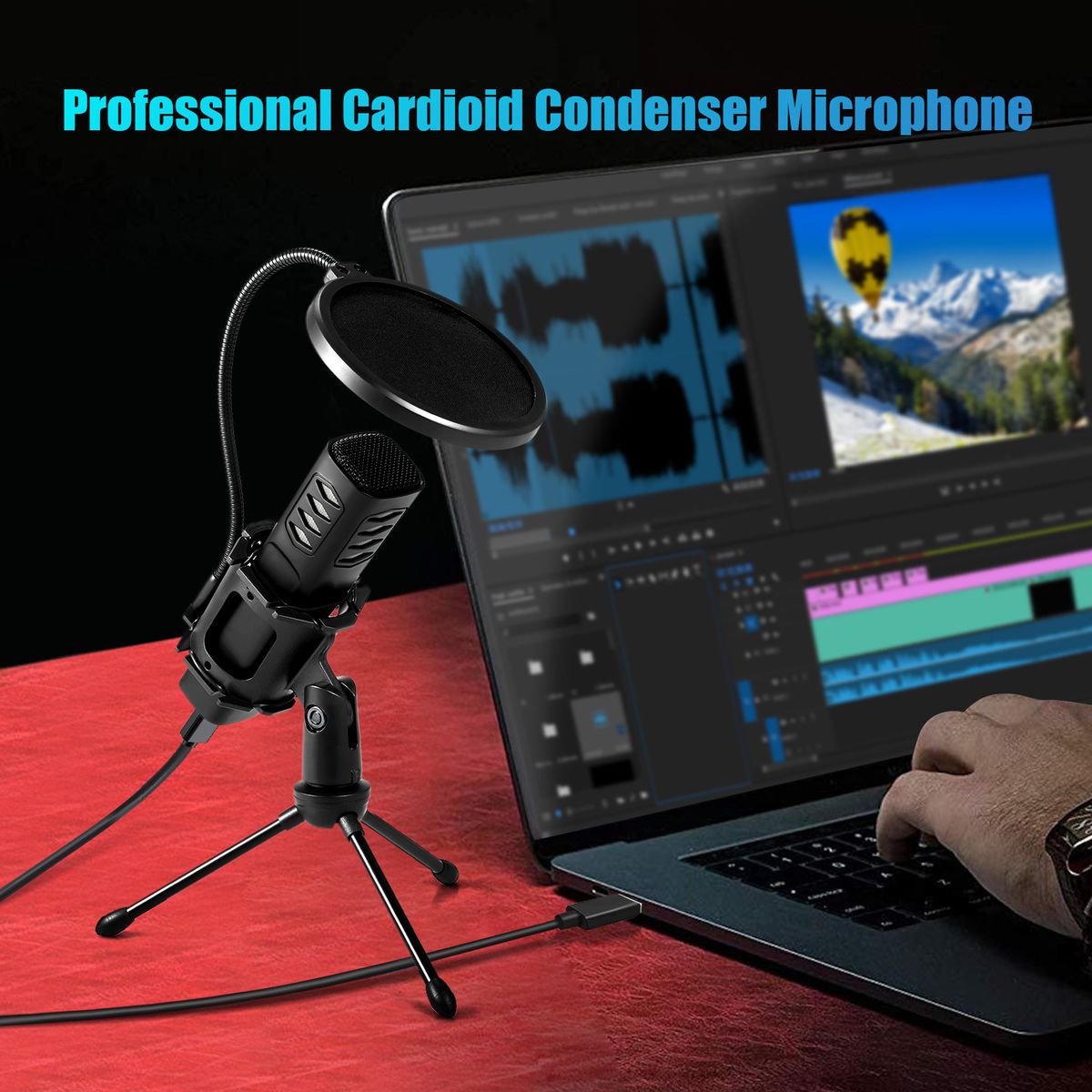 USB Microphone Cardioid Condenser Mic With Tripod Stand Pop