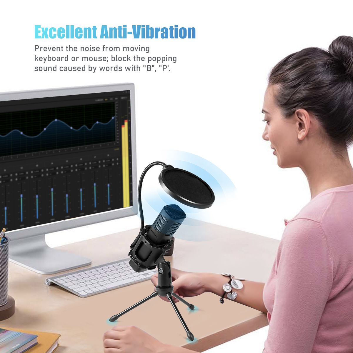 USB Microphone Cardioid Condenser Mic With Tripod Stand Pop