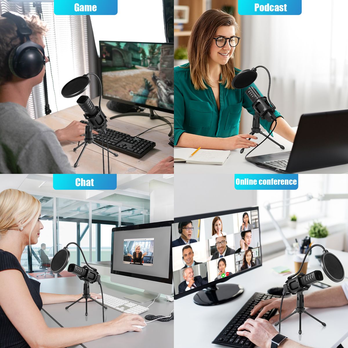 USB Microphone Cardioid Condenser Mic With Tripod Stand Pop