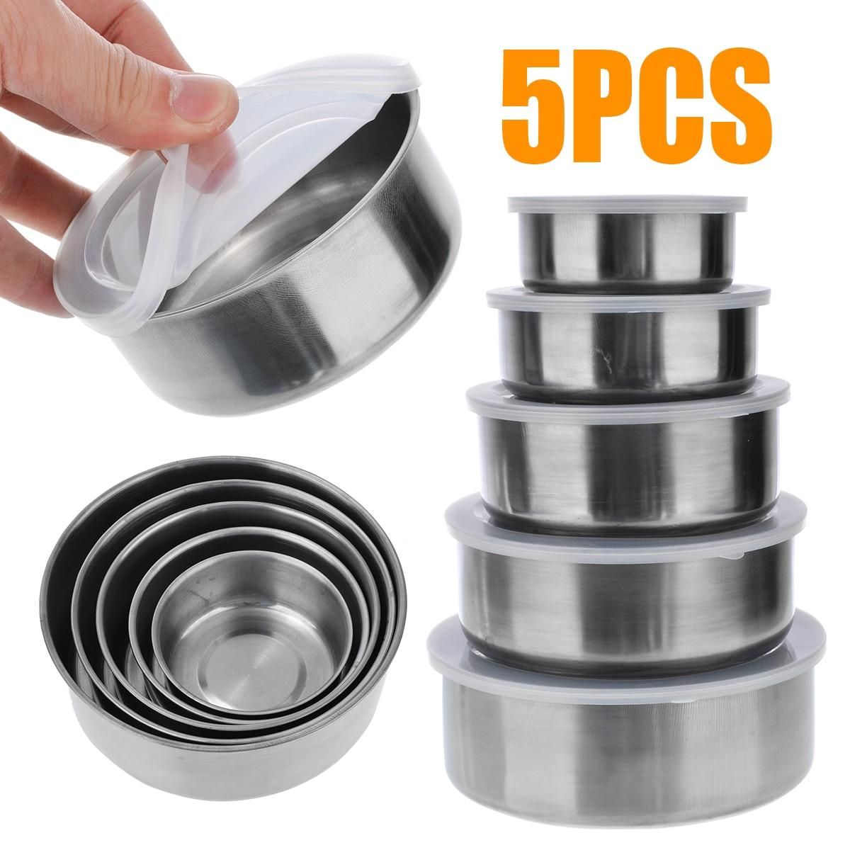 5pcs/set Stainless Steel Mixing Bowls  Crisper Food Container 5 Bowls With 5 Lids For Kitchen Tools