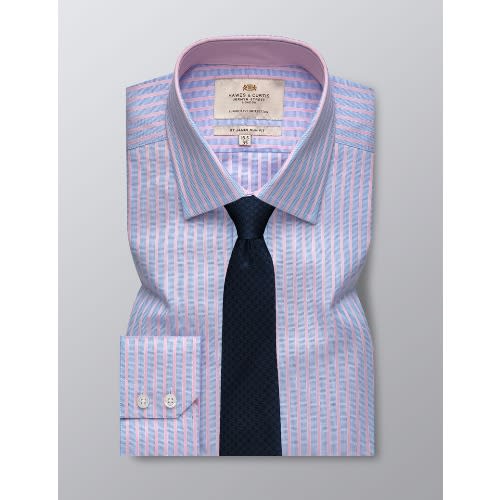 Men's Formal Blue & Pink Stripe Slim Fit Shirt With Contrast Detail - Single Cuff - Easy Iron