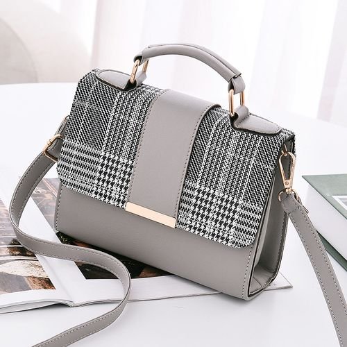 New Portable Plaid PU Leather Handbag - Grey