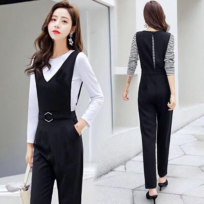 Single Piece/Suit with Cotton Top Spring and Autumn Korean Style High Waist Fashion Suspender Pants Suit Women's Skinny Pants Two-Piece Suit