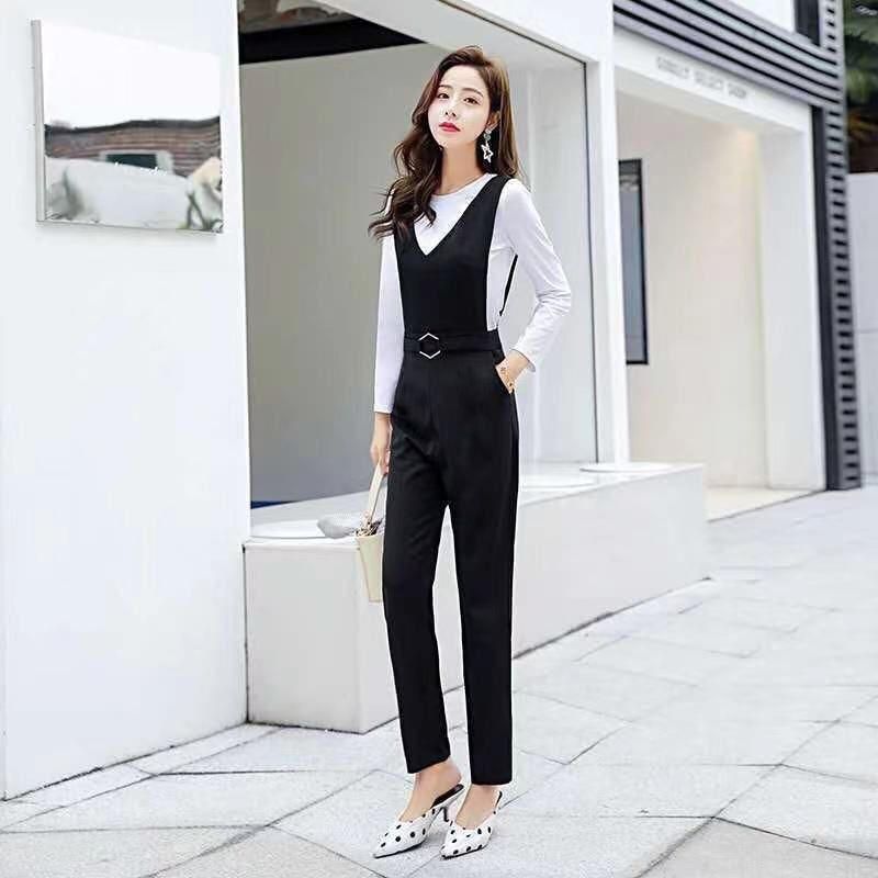 Single Piece/Suit with Cotton Top Spring and Autumn Korean Style High Waist Fashion Suspender Pants Suit Women's Skinny Pants Two-Piece Suit