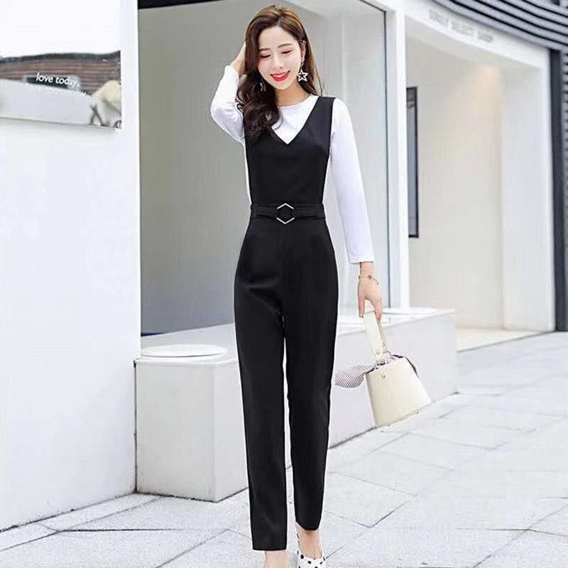 Single Piece/Suit with Cotton Top Spring and Autumn Korean Style High Waist Fashion Suspender Pants Suit Women's Skinny Pants Two-Piece Suit