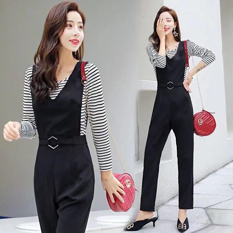 Single Piece/Suit with Cotton Top Spring and Autumn Korean Style High Waist Fashion Suspender Pants Suit Women's Skinny Pants Two-Piece Suit