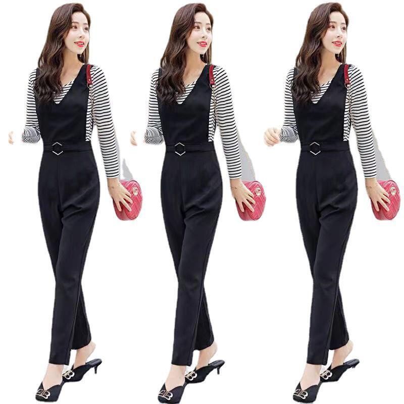 Single Piece/Suit with Cotton Top Spring and Autumn Korean Style High Waist Fashion Suspender Pants Suit Women's Skinny Pants Two-Piece Suit
