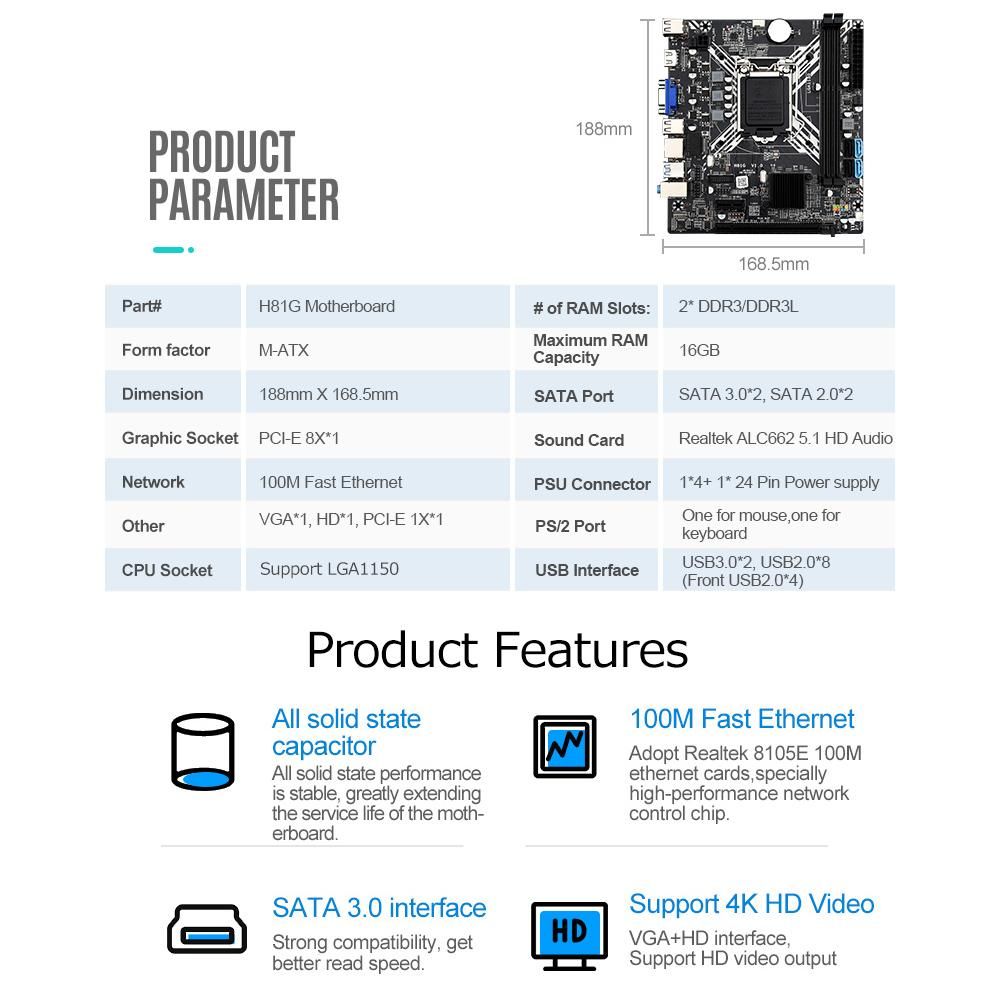 JINGSHA H81G Computer Motherboard Gaming Mainboard Dual-channel DDR3 Memory Slots 100M Network Card Support LGA1150 CPU