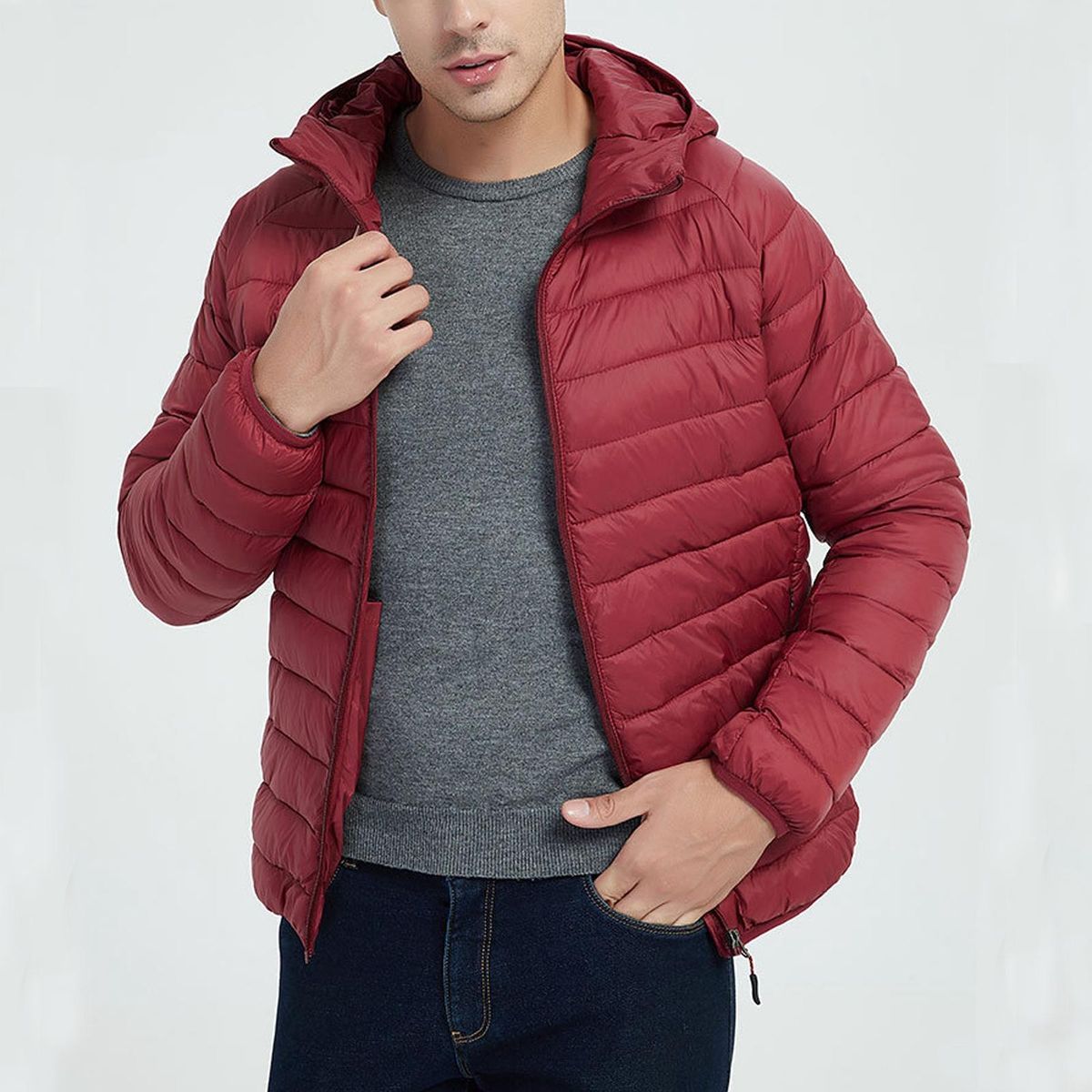 Men's Under Down Jacket Winter Warm Coat Hooded Warm Puffer Red L