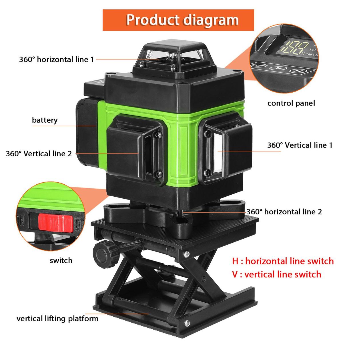 Multifunctional 4D 16 Lines Laser Level 3° Self-leveling Machine USB Rechargeable Lithium Battery Leveling Tool with 1.2M 3-Heights Adjustable Alloy Extension Bar Tripod Stand