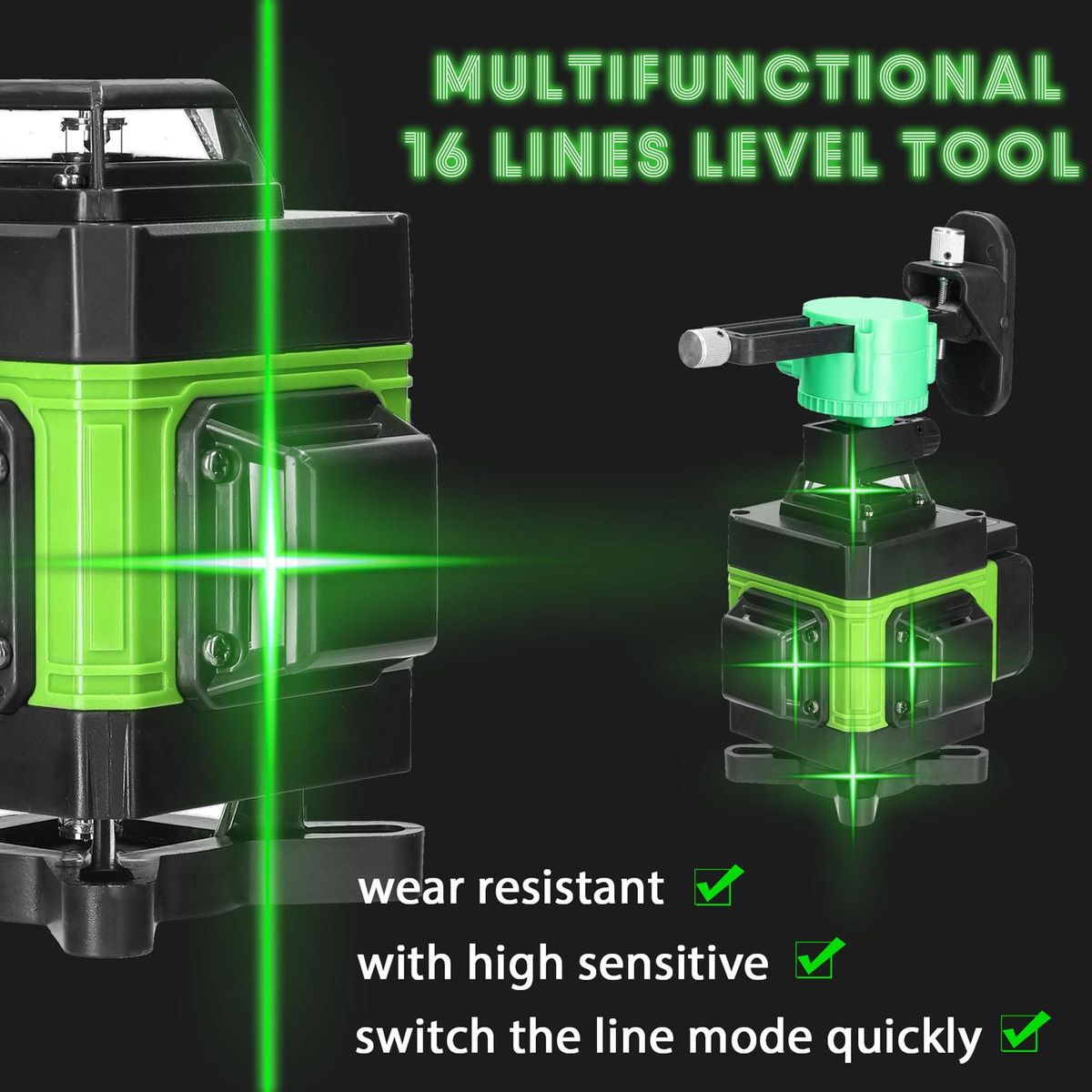 Multifunctional 4D 16 Lines Laser Level 3° Self-leveling Machine USB Rechargeable Lithium Battery Leveling Tool with 1.2M 3-Heights Adjustable Alloy Extension Bar Tripod Stand