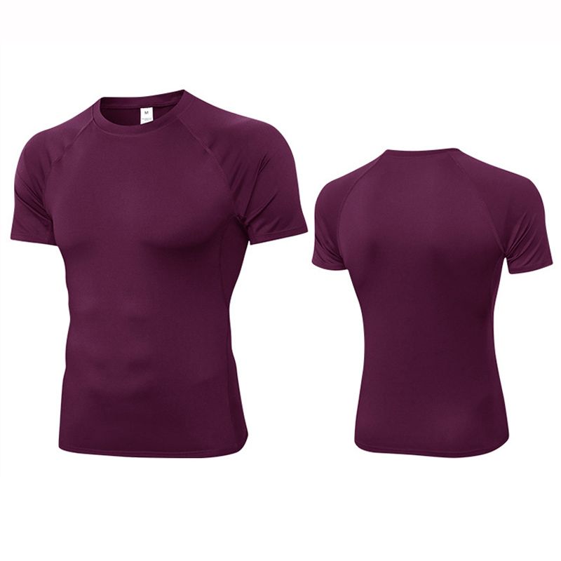Men Summer Sports T-Shirt Short Sleeve Running Fitness Top（Wine Red）