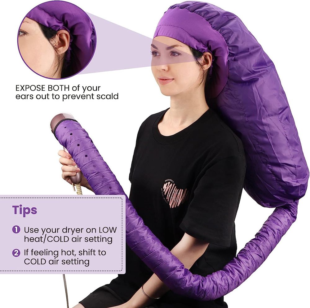 Hair Dryer Attachment Large Hair Drying Cap Bonnet Hood-Purple