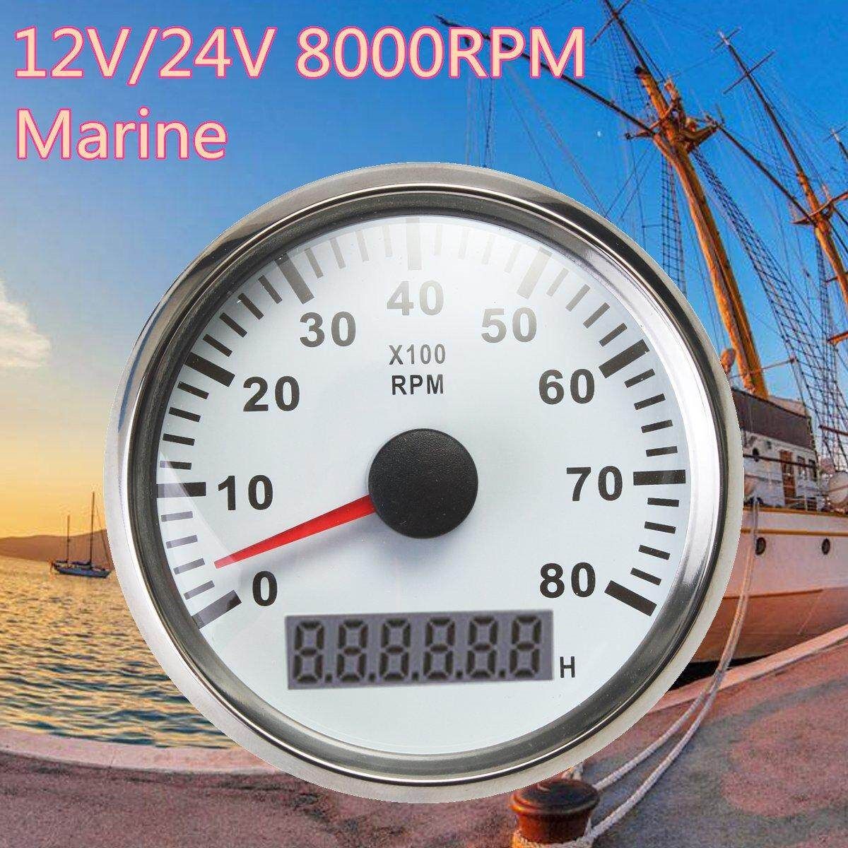 Marine Tachometer LED Hour Meter Boat RPM 12V/24V 8000RPM Stainless Steel