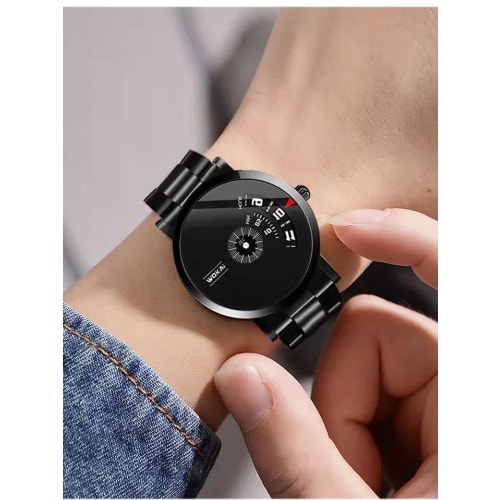 Unisex Black Stone Steel Wrist Watch - Black