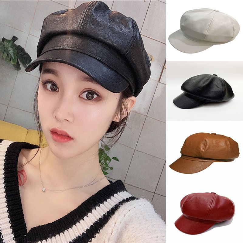 Style Retro Ladies Ladies Autumn Winter Beret Hats PU Leather British Style Flat Top Octagonal Hat Adjustable Female Hats Beige