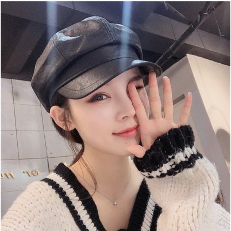Style Retro Ladies Ladies Autumn Winter Beret Hats PU Leather British Style Flat Top Octagonal Hat Adjustable Female Hats Beige