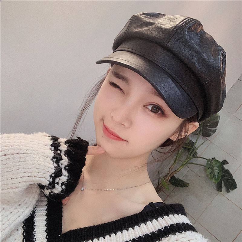 Style Retro Ladies Ladies Autumn Winter Beret Hats PU Leather British Style Flat Top Octagonal Hat Adjustable Female Hats Beige