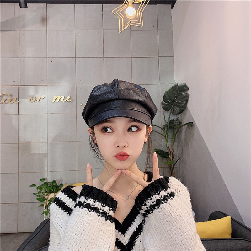 Style Retro Ladies Ladies Autumn Winter Beret Hats PU Leather British Style Flat Top Octagonal Hat Adjustable Female Hats Beige