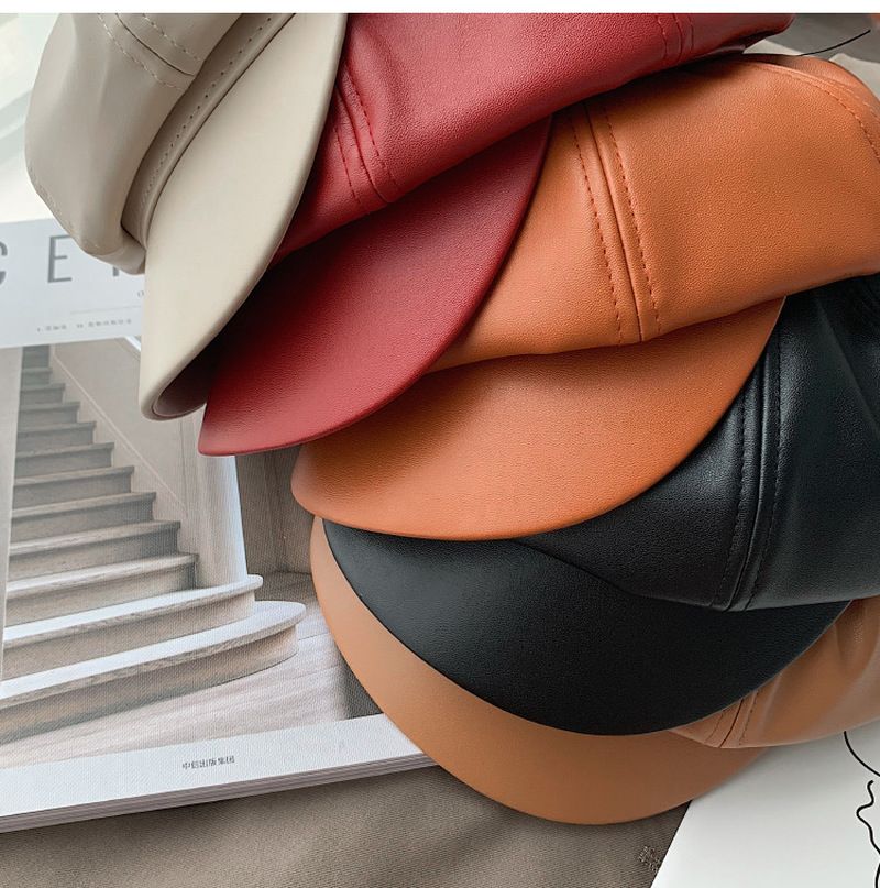 Style Retro Ladies Ladies Autumn Winter Beret Hats PU Leather British Style Flat Top Octagonal Hat Adjustable Female Hats Beige