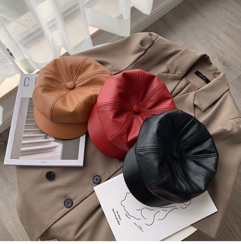Style Retro Ladies Ladies Autumn Winter Beret Hats PU Leather British Style Flat Top Octagonal Hat Adjustable Female Hats Beige