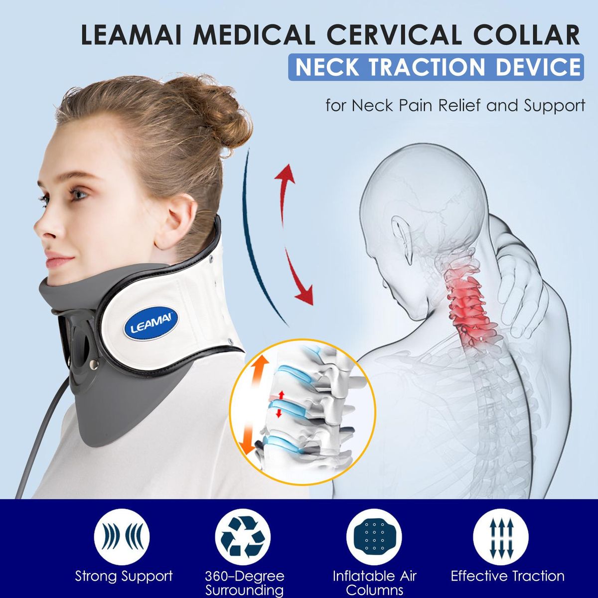LEAMAI Medical Cervical Collar Neck Traction Device Inflatable Pinched Nerve Neck Stretcher for Neck Pain Relief and Support at Home Office On the Go