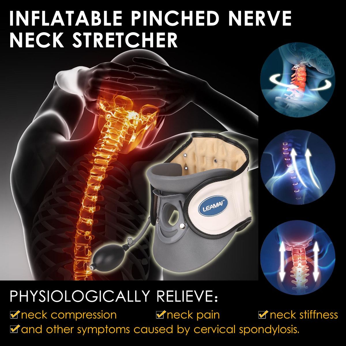 LEAMAI Medical Cervical Collar Neck Traction Device Inflatable Pinched Nerve Neck Stretcher for Neck Pain Relief and Support at Home Office On the Go