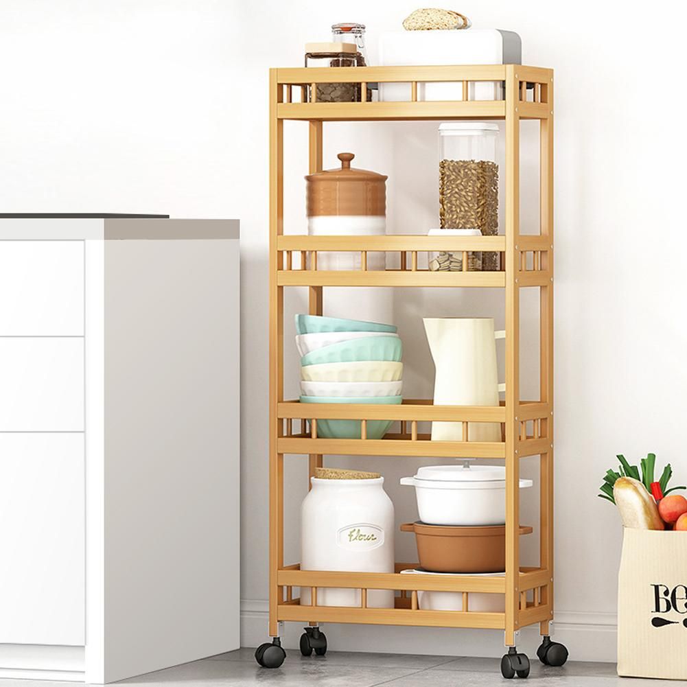 4-Tier Slim Storage Cart of High Mountain Solid Bamboo Kitchen Organizer Slide-Out Mobile Storage Cart Rolling Pantry Shelf Kitchen Shelving Unit Utility Cart