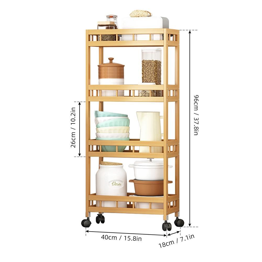 4-Tier Slim Storage Cart of High Mountain Solid Bamboo Kitchen Organizer Slide-Out Mobile Storage Cart Rolling Pantry Shelf Kitchen Shelving Unit Utility Cart